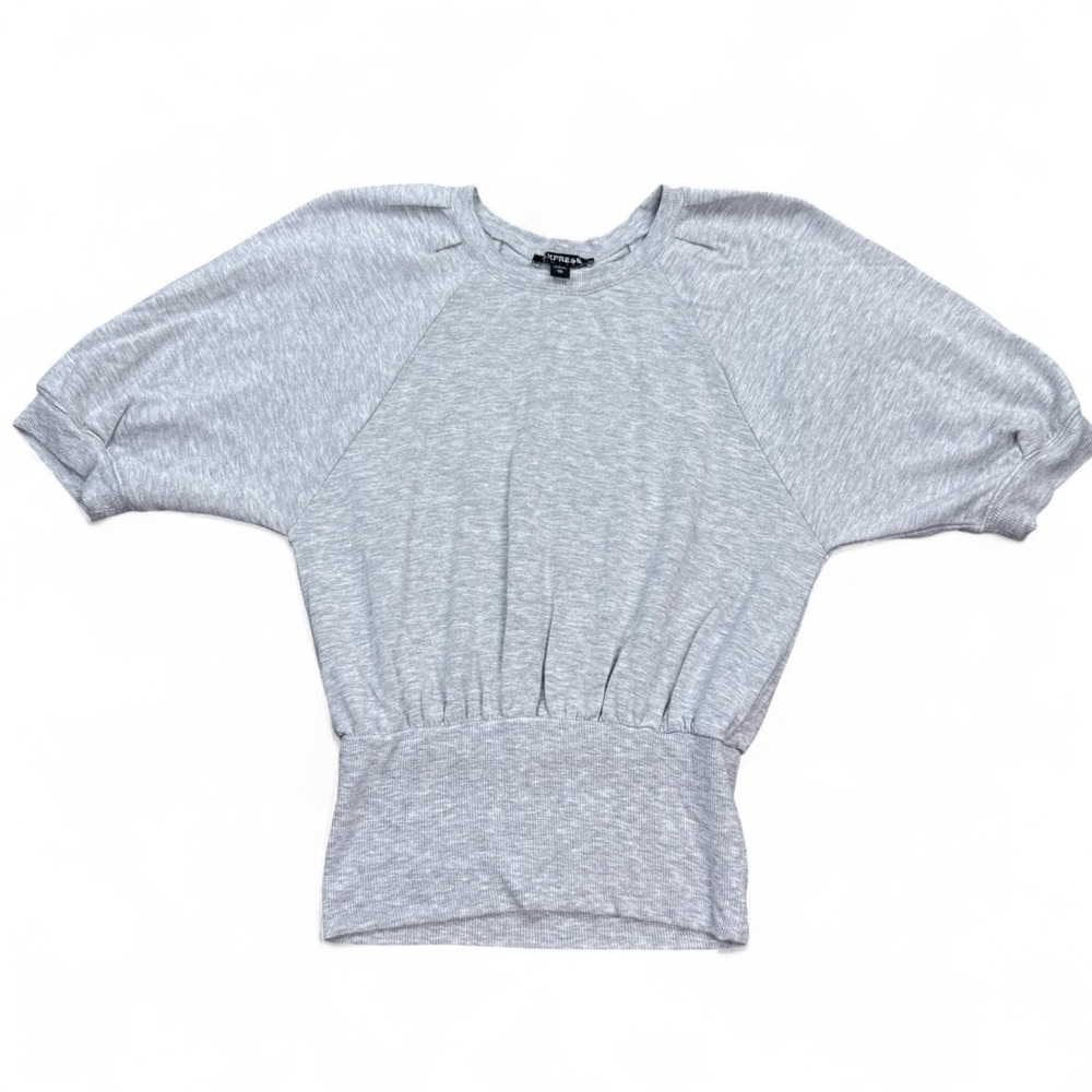 Express Knit‎ Blouse Top Womens Size XS Light Gray Puff Sleeve Runched Soft